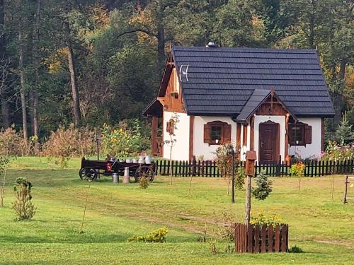 a small house with a horse in a field at Casa Del Campo 1 in Gaśno