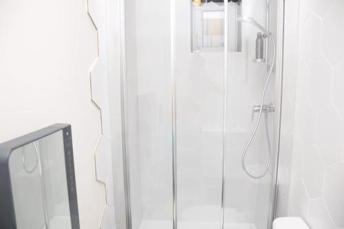 ein Bad mit einer Dusche und einem Spiegel in der Unterkunft Grand Appartement Confort in Vichy