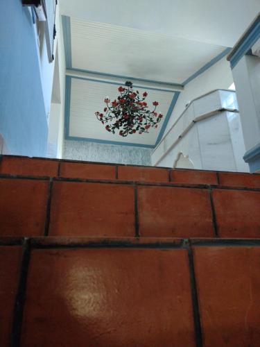 un montón de flores rojas colgando del techo en Pousada Serenna Centro, en Tiradentes