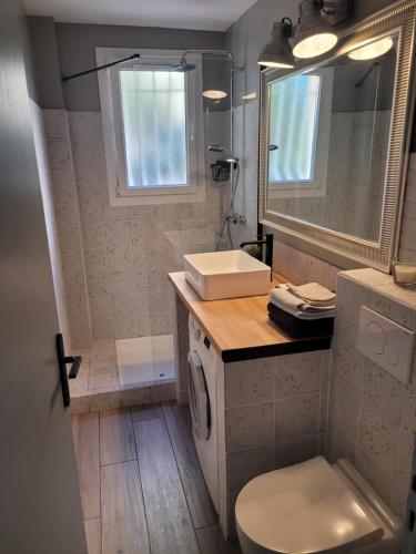 a bathroom with a sink and a toilet and a mirror at T2 bord de mer - les embruns in Hyères