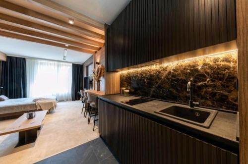 uma cozinha com um lavatório e uma sala de estar em Woodside apartments Kopaonik em Kopaonik