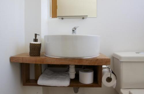 a bathroom with a white sink and a toilet at Chile Wild - Las Vertientes in Malalcahuello