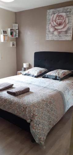 une chambre avec un grand lit avec des oreillers dessus dans l'établissement 2 places 24 H Enceinte générale OFFERTES Maison au calme à proximité du circuit, au Mans