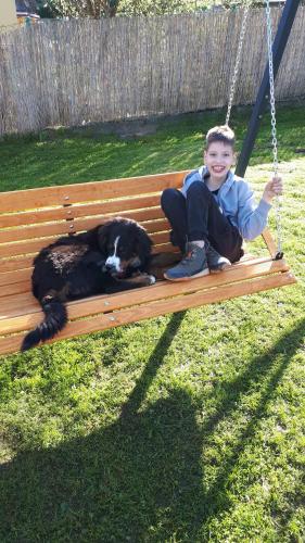 a boy is sitting on a swing with a dog at Domek w dolinie in Berest