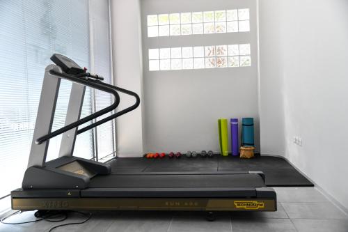 a gym with a treadmill in a room with a window at Hotel Bel Sit in Meina