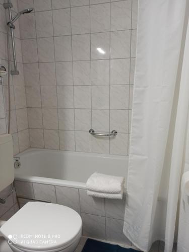 La salle de bains est pourvue de toilettes et d'une baignoire avec rideau de douche. dans l'établissement Berghof Studio Haus Rachel, à Sankt Englmar