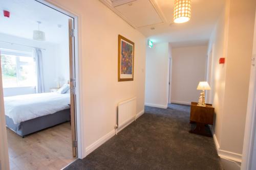 a bedroom with a bed and a mirror at Paddy Mac's Self Catering Holiday Bar in Drumshanbo
