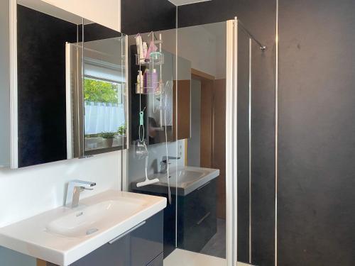 a bathroom with a sink and a glass shower at Buchen Blick - Ruhige moderne Ferienwohnung 82qm. in Fichtelberg