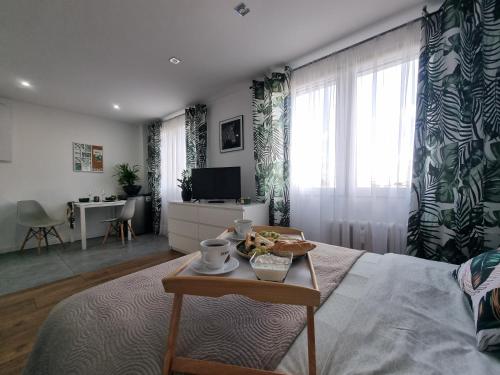 ein Wohnzimmer mit einem Bett und einem Tisch in der Unterkunft Apartament 22 in Częstochowa