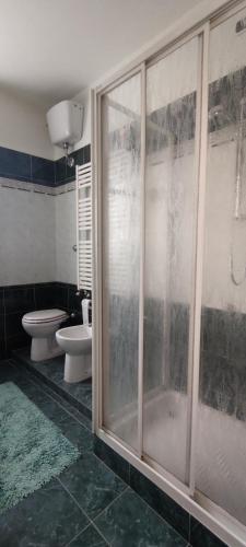 a bathroom with a glass shower with a toilet at PETTOCANNELLA in Massa e Cozzile