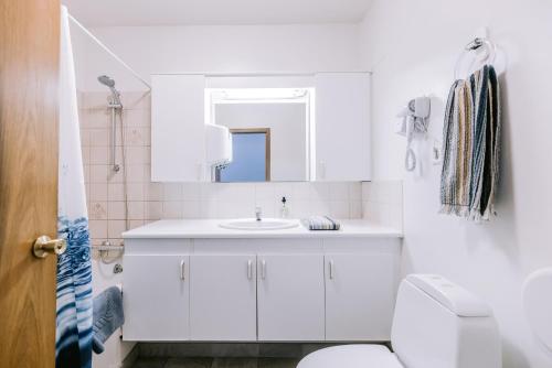 La salle de bains blanche est pourvue d'un lavabo et de toilettes. dans l'établissement Eldá Guesthouse, à Mývatn