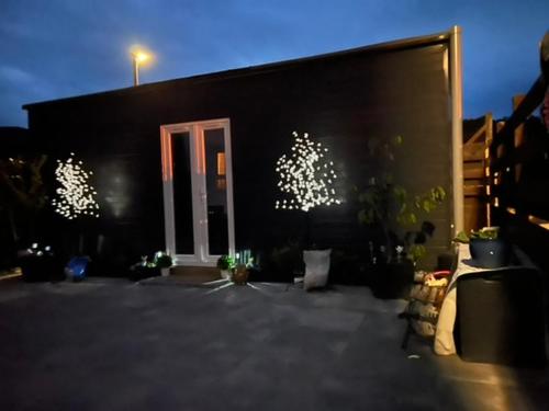 a black garage with plants and a door at Craigellachie Cabin in Aviemore