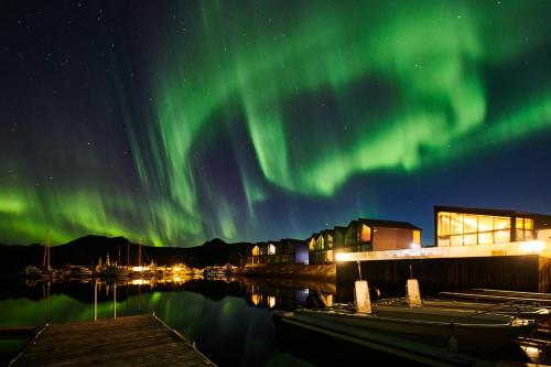 an image of the aurora borealis over a marina at Ringstad Resort in Bø