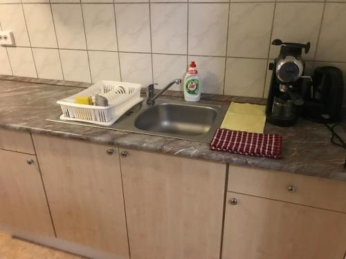 a kitchen counter with a sink and a dish rack at Napfény apartman in Orosháza