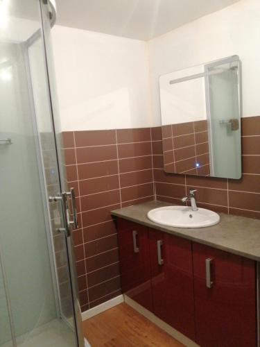 a bathroom with a sink and a mirror at à 2 pas du centre ville in Parthenay
