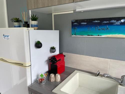 a kitchen with a sink and a refrigerator at Villas smoothie SYCARO in Le François