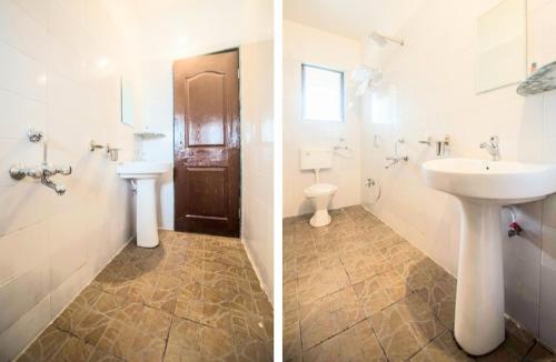 two pictures of a bathroom with a sink and a toilet at Primrose Guest House in Pune