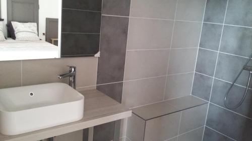 une salle de bain avec un lavabo et une douche dans l'établissement Maison moderne proche RN4, à Aulnois-en-Perthois