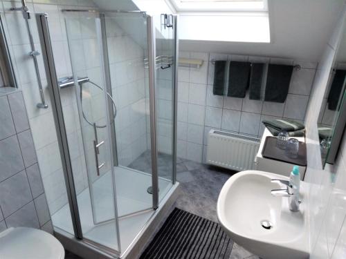 a bathroom with a shower and a toilet and a sink at Ferienwohnung Bad Kissingen in Bad Kissingen