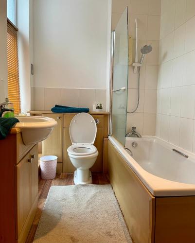 uma casa de banho com um WC, uma banheira e um lavatório. em Town centre flat in Darlington (free Parking) em Darlington