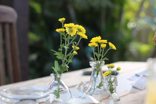 three glass vases with yellow flowers in them on a table at Villa Balthazar in Búzios