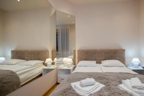 um quarto com 2 camas e um espelho em Kalman Iskra em Zlatibor