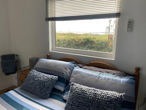 a bedroom with a bed with pillows and a window at Old Ferry View in Bristol