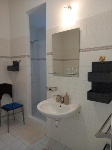 a bathroom with a sink and a mirror and a shower at Apartmán Maršík in Náchod