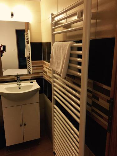 a bathroom with a sink and a mirror at Zempléni Pitvaros Pihenő in Telkibánya