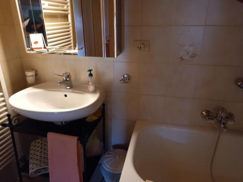 een badkamer met een wastafel, een toilet en een spiegel bij il Nido in Tonadico