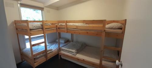 two bunk beds in a room with a window at Beauna Vista Rye Holiday Home in Rye