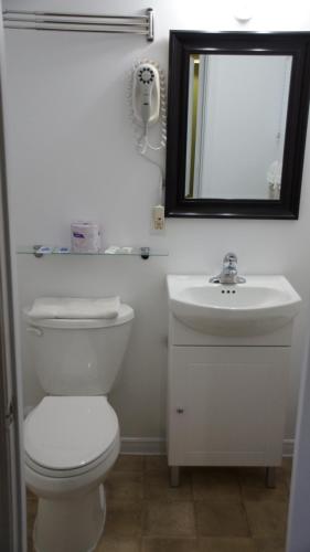 a bathroom with a white toilet and a sink at Robyn's Motel in Peterborough