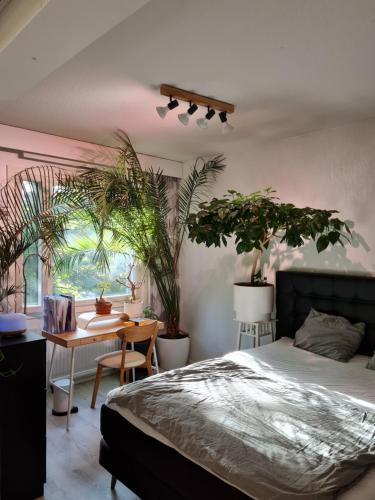 um quarto com uma cama, uma mesa e vasos de plantas em Paradise apartment em Vantaa
