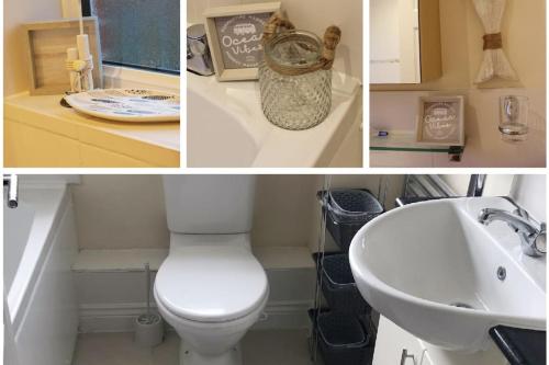 a bathroom with a white toilet and a sink at Royal Brick Home - Sleeps 5 to 6 - No ULEZ - Tube Nearby - Free Parking - Lego Themed in Slough