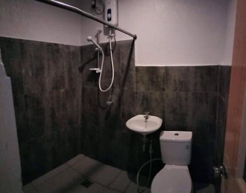a bathroom with a shower and a toilet and a sink at Lola's Lodge in Boracay