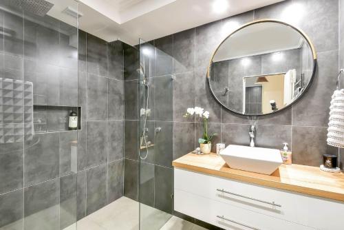a bathroom with a shower and a sink and a mirror at Regency Court Absolute Beachfront in The Entrance