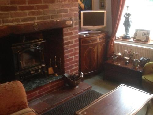 a living room with a fireplace and a television at Melody House in Fakenham