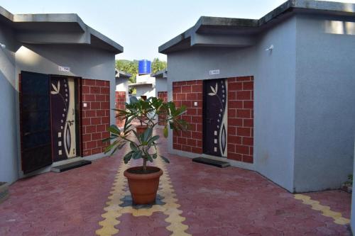 a building with a potted plant in front of two doors at Suma beach resort in Dapoli