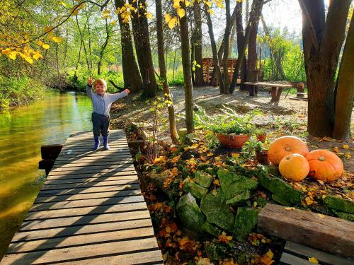 uma criança a atravessar uma ponte de madeira sobre um rio em Jurajska Sielanka - domek nad rzeczką em Pradła