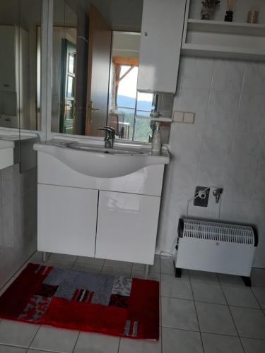 uma casa de banho branca com um lavatório e um espelho em Ferienhaus Urschitz em Eichberg Arnfels