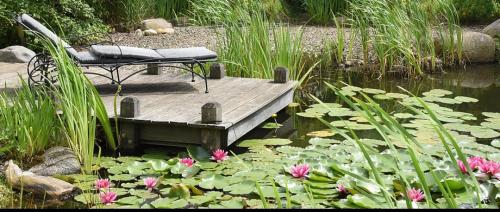 una mesa y sillas sentadas en un muelle en un estanque en Pension Ederstrand, en Frankenberg