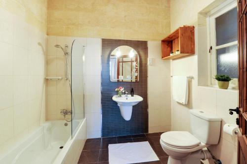 a bathroom with a sink and a toilet and a shower at Narcisa Holiday Home in Nadur