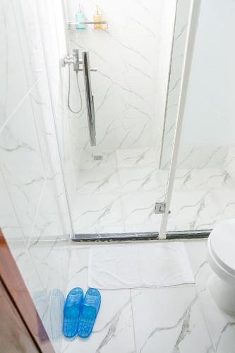 a bathroom with a shower and two blue slippers at Hotel Totara in Dar es Salaam
