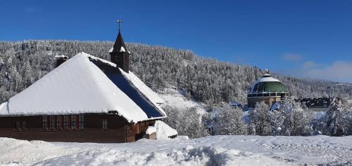a church covered in snow next to a mountain at Ela Vital Ferienwohnung in St. Blasien