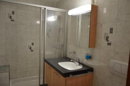 ein Bad mit einem Waschbecken und einer Dusche in der Unterkunft Villa Kuntner Bund in Tschierv