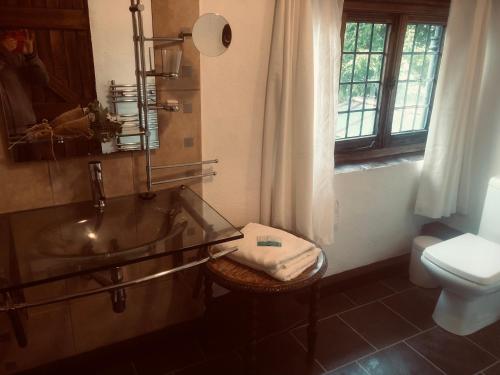 a bathroom with a glass tub and a toilet at Tudor House - Double Room - En suite in Goffs Oak