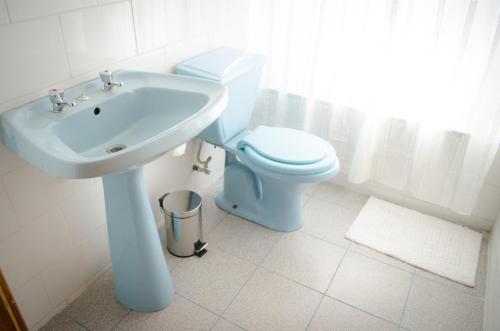 a bathroom with a blue toilet and a sink at Casa Pehuen, Cabañas in Villarrica