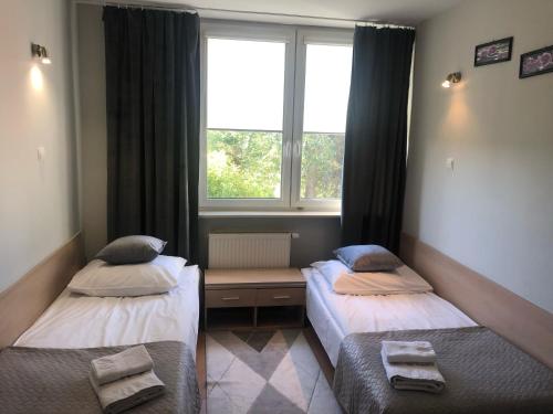 two beds in a room with a window at Sosnowe Zacisze in Białystok