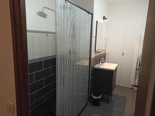 een badkamer met een glazen douche en een wastafel bij Gîte la côte des bleuets de Retourtour in Lamastre