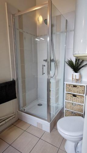 une cabine de douche dans une salle de bain avec toilettes dans l'établissement Le Lucerne, entre thermes et centre ville-lamaisondefrancois03, à Vichy